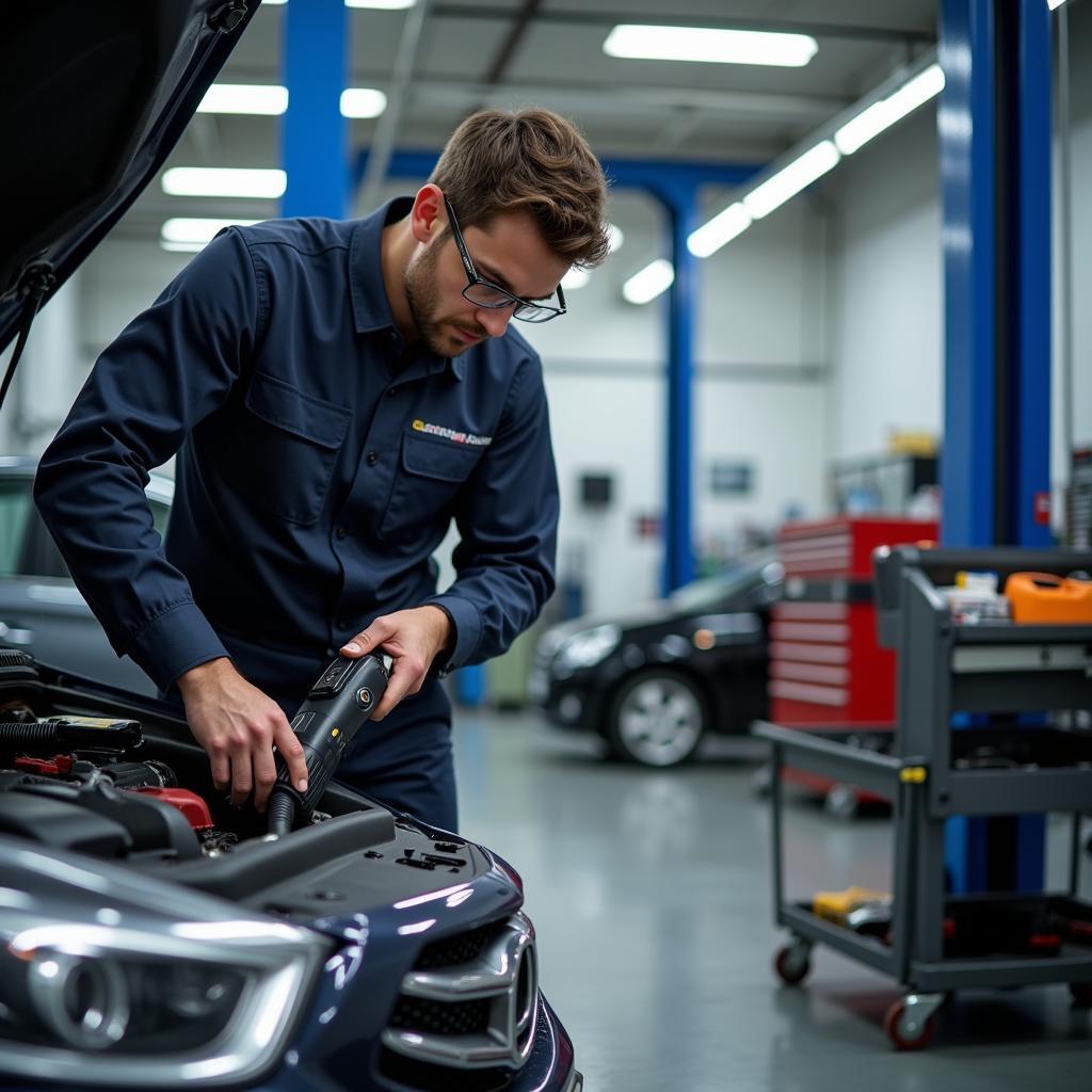 Mechanic Checking Engine in a Moe Auto Service