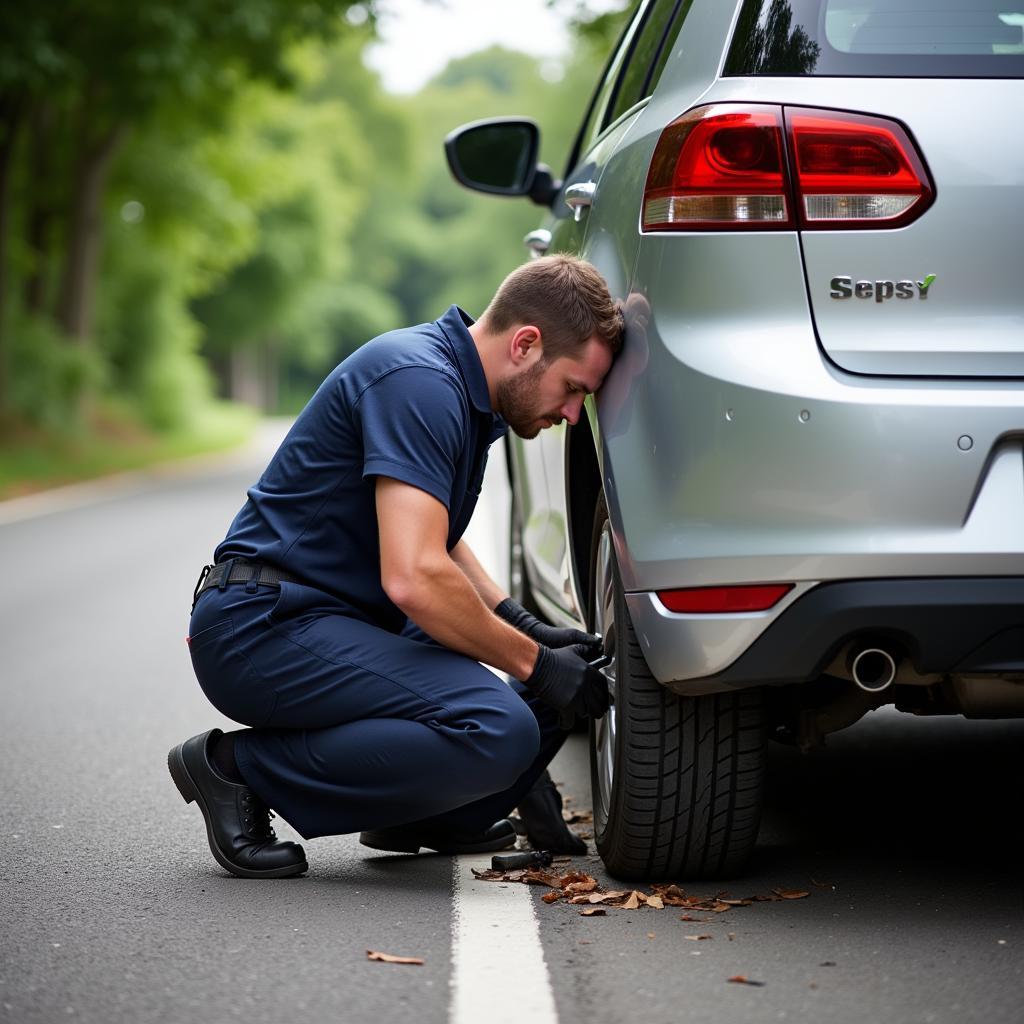 Montpellier Roadside Assistance Technician Changing Tire