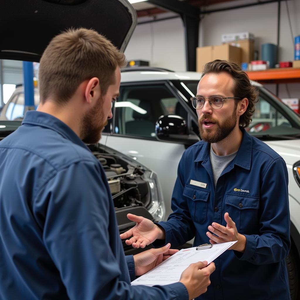 Customer consulting with a service advisor at Moons Auto Service