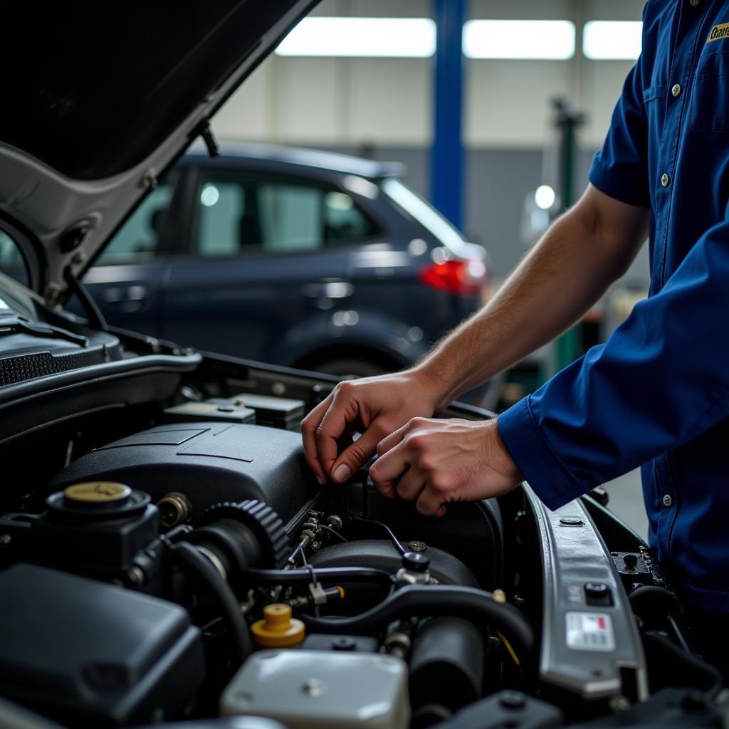 Mechanic diligently inspecting a vehicle engine at Moons Auto Service