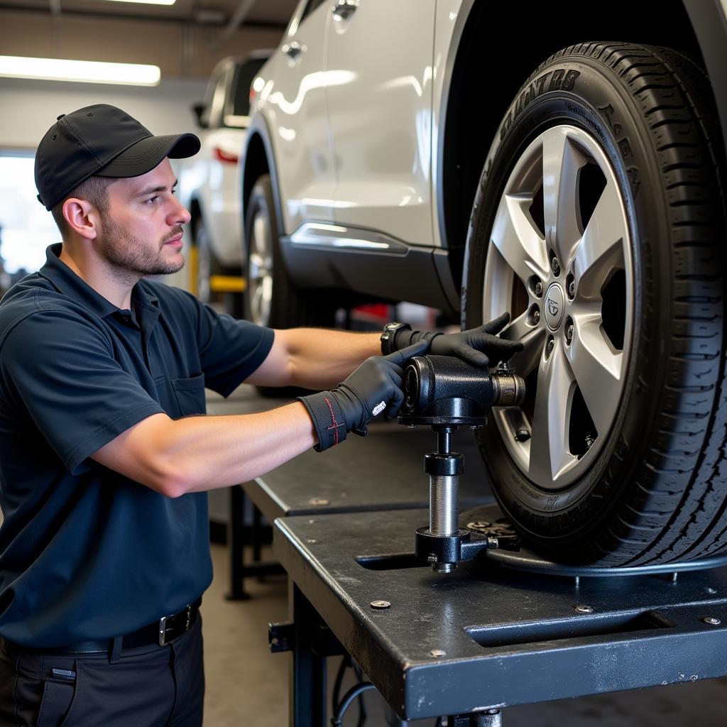 Technician performing tire rotation at Moons Auto Service