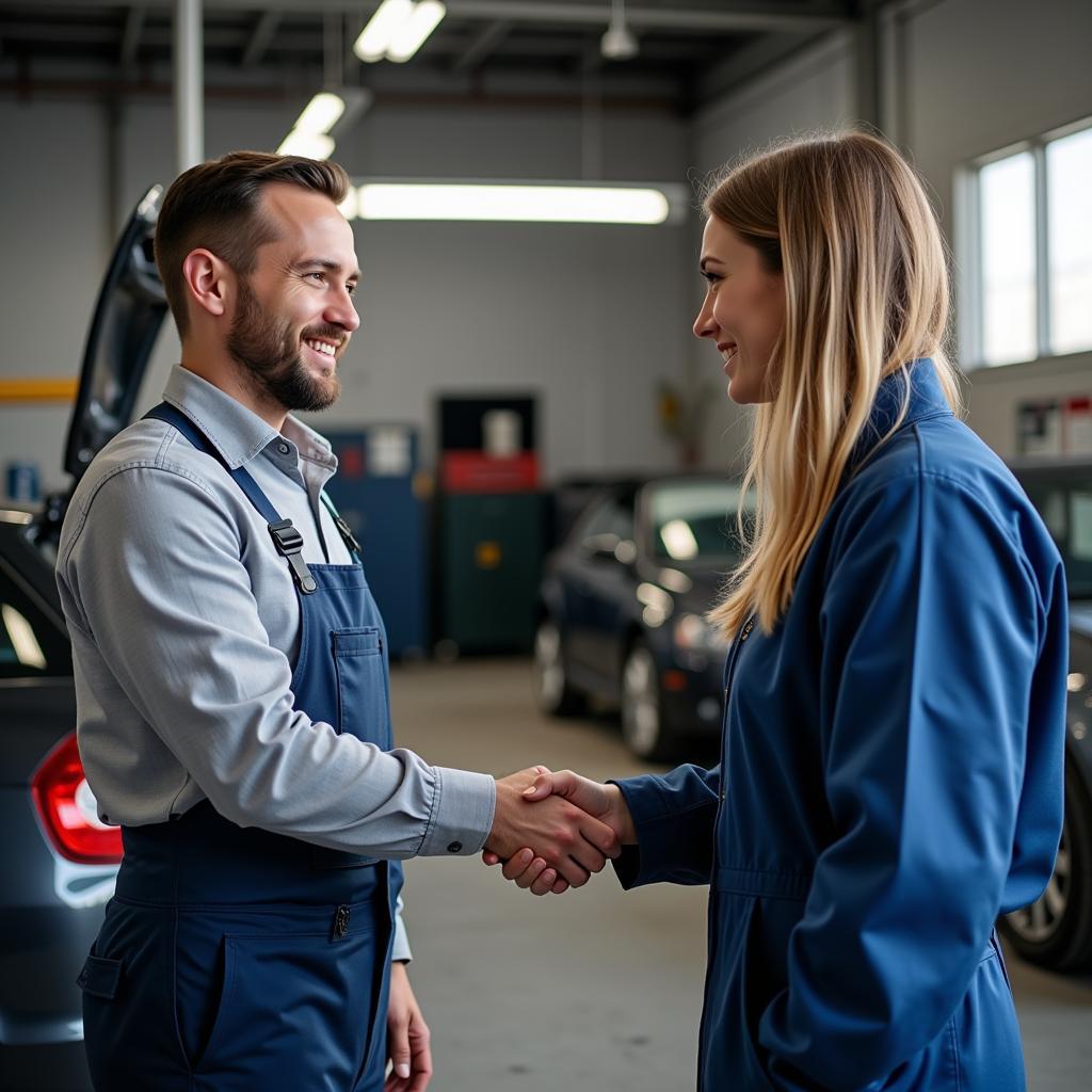 Satisfied customer shaking hands with auto service mechanic