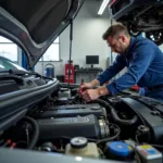 Mountain View Auto Repair Shop - Mechanic working on a car engine in a modern auto repair shop