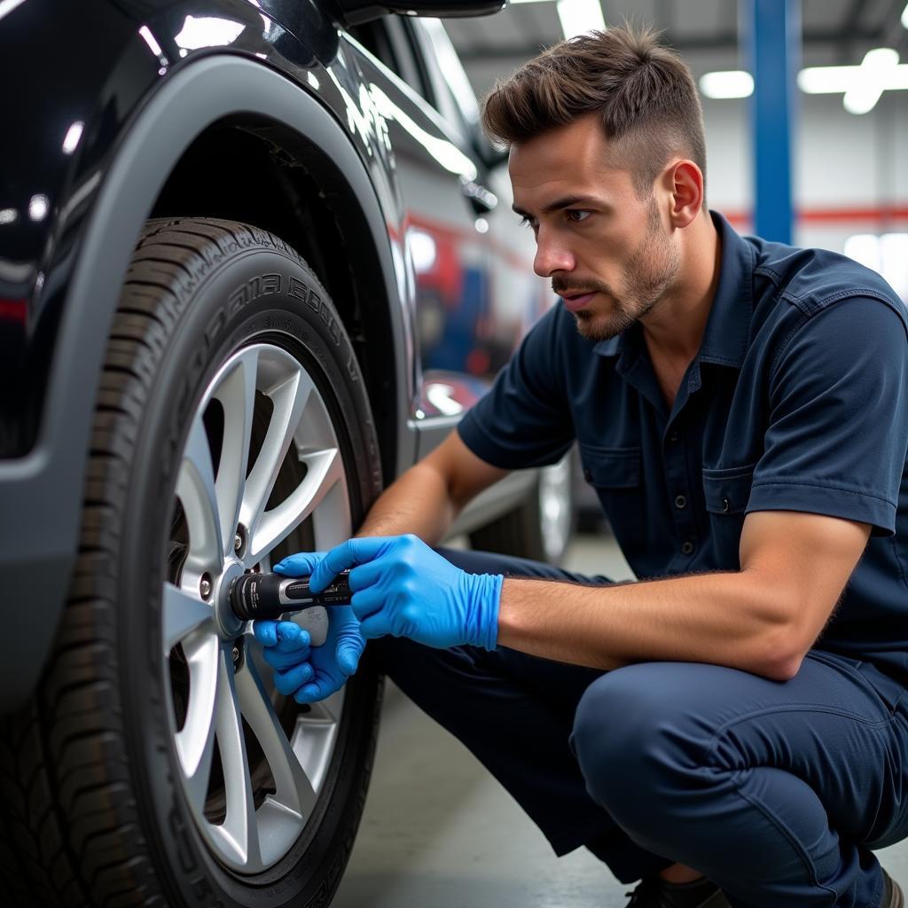 Mr. Tire Technician Working on Car