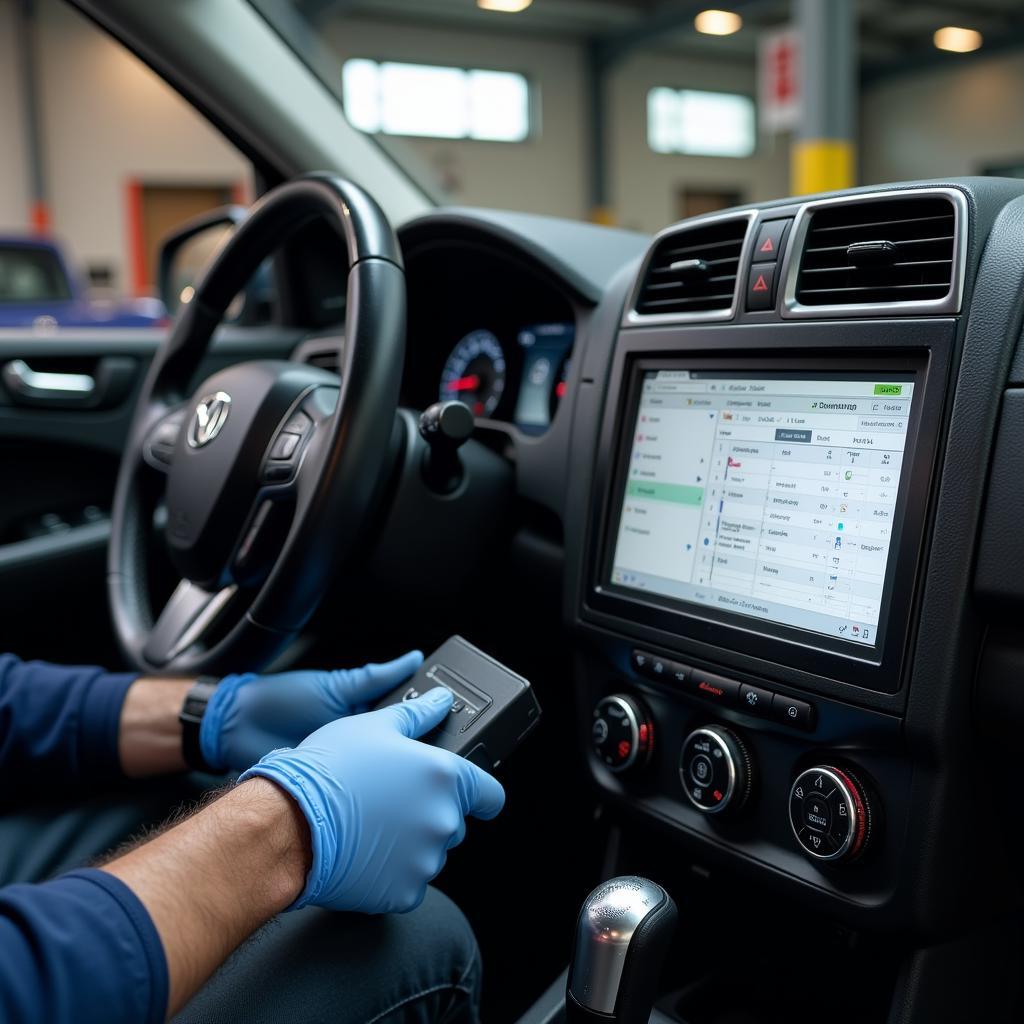 Advanced diagnostic tools being used in an MS auto service center