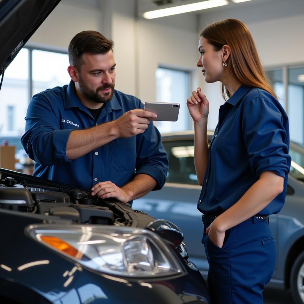 Customer discussing car repairs with a mechanic in an MS auto service center