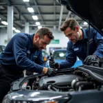 Certified Technicians Working on a Car Engine