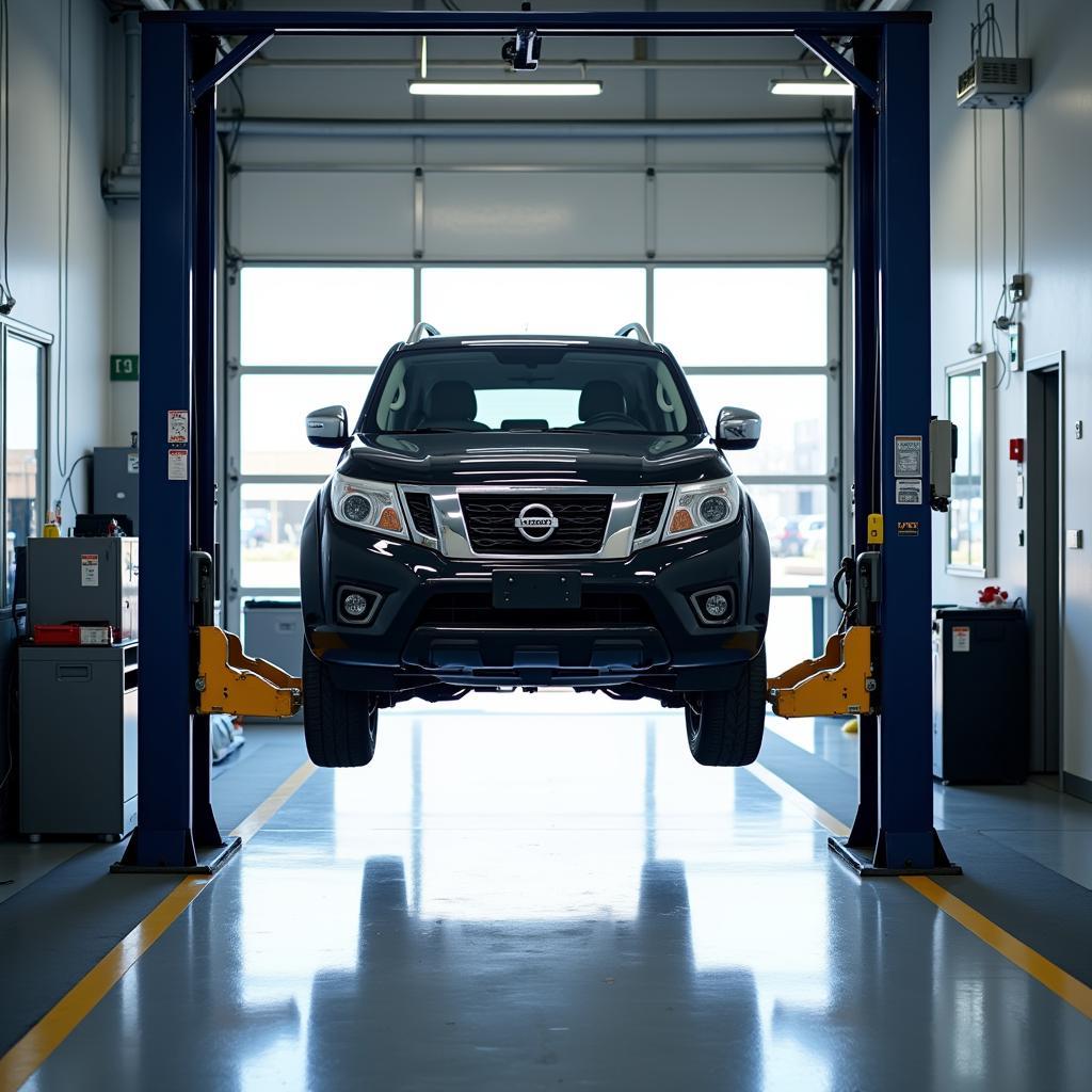 Nissan Car on a Lift for Service at an Auto Shop