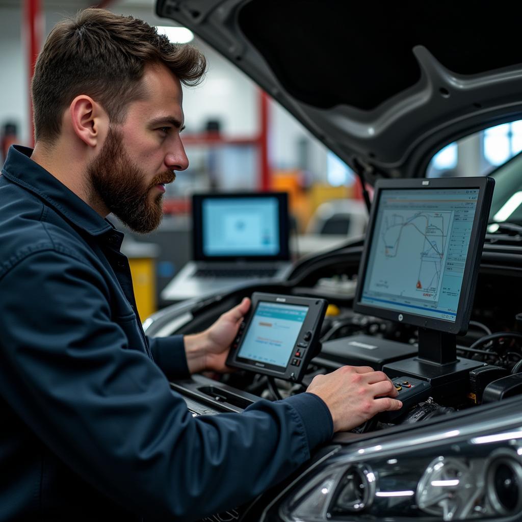 Nissan Mechanic Using Diagnostic Tools