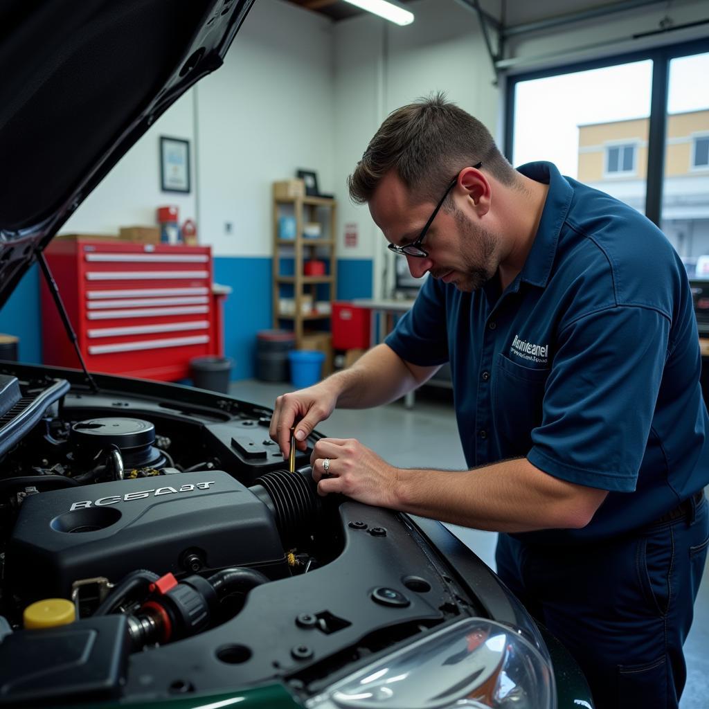 Mechanic working on a car engine in a North Miami auto repair shop