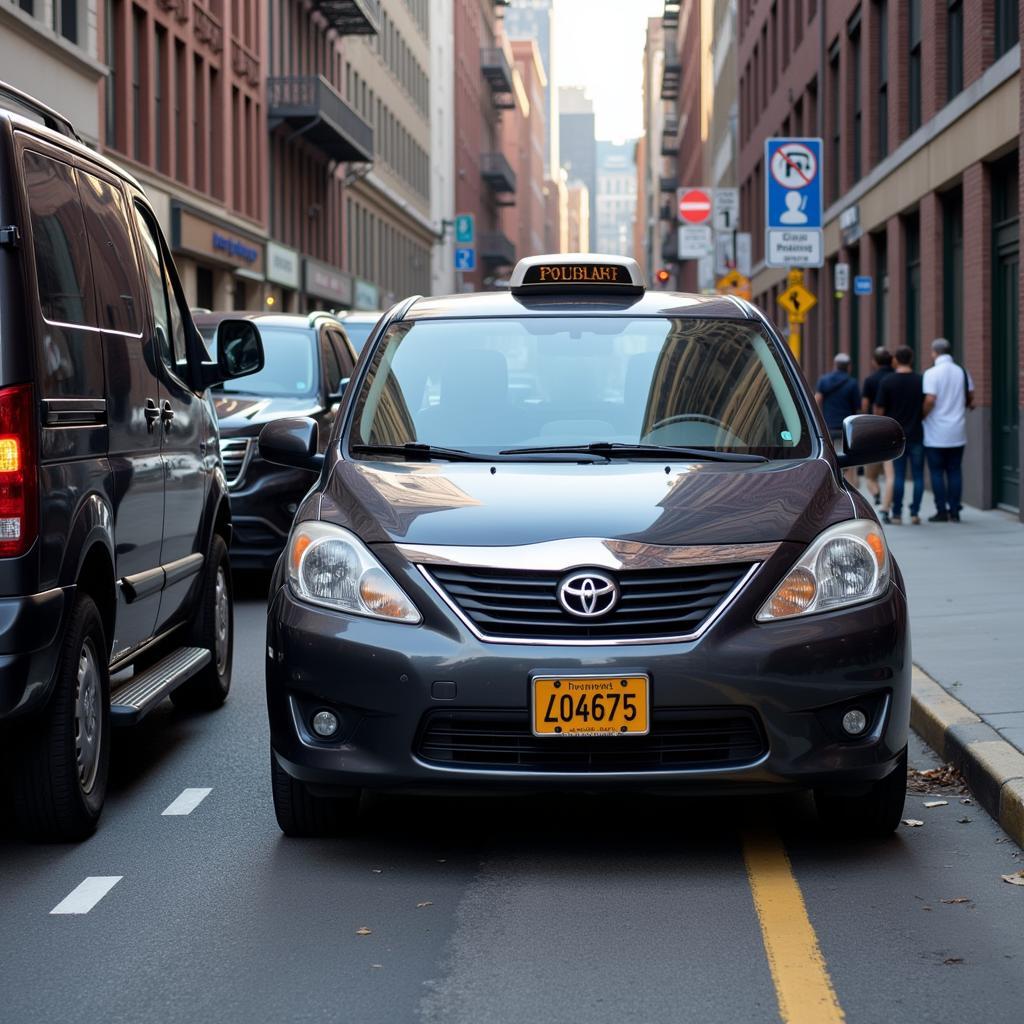 A rental car parked on a crowded NYC street with difficult parking spots