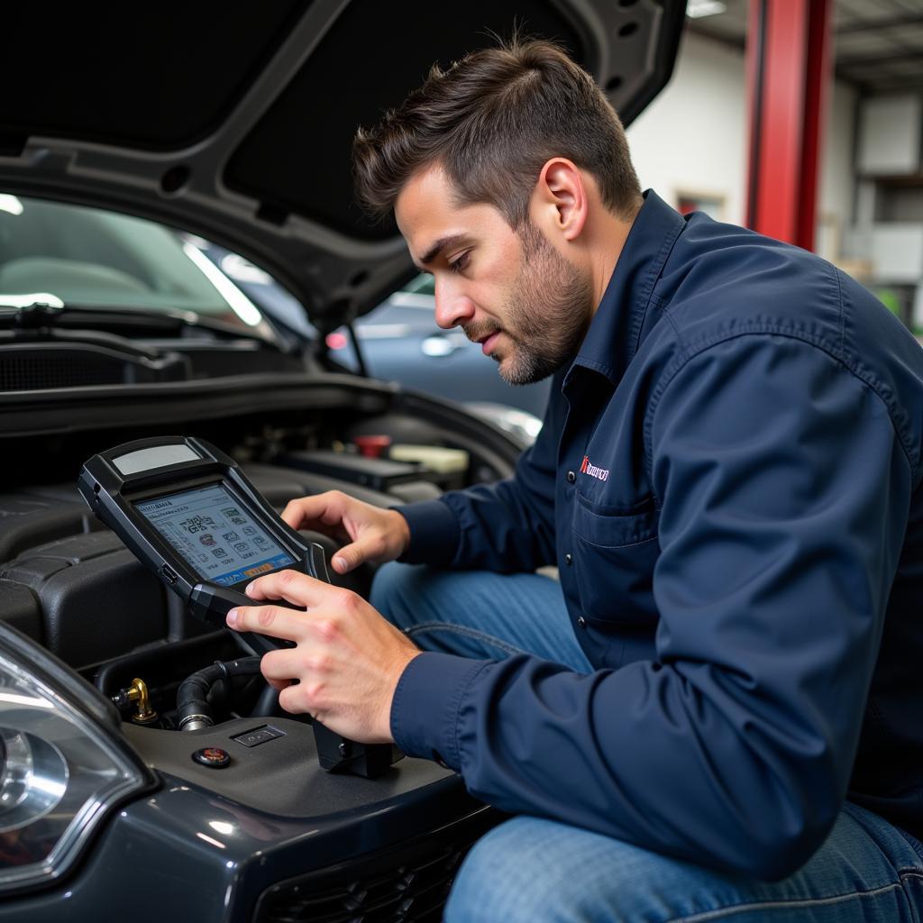 Experienced mechanic performing diagnostics on a car in Oakhurst