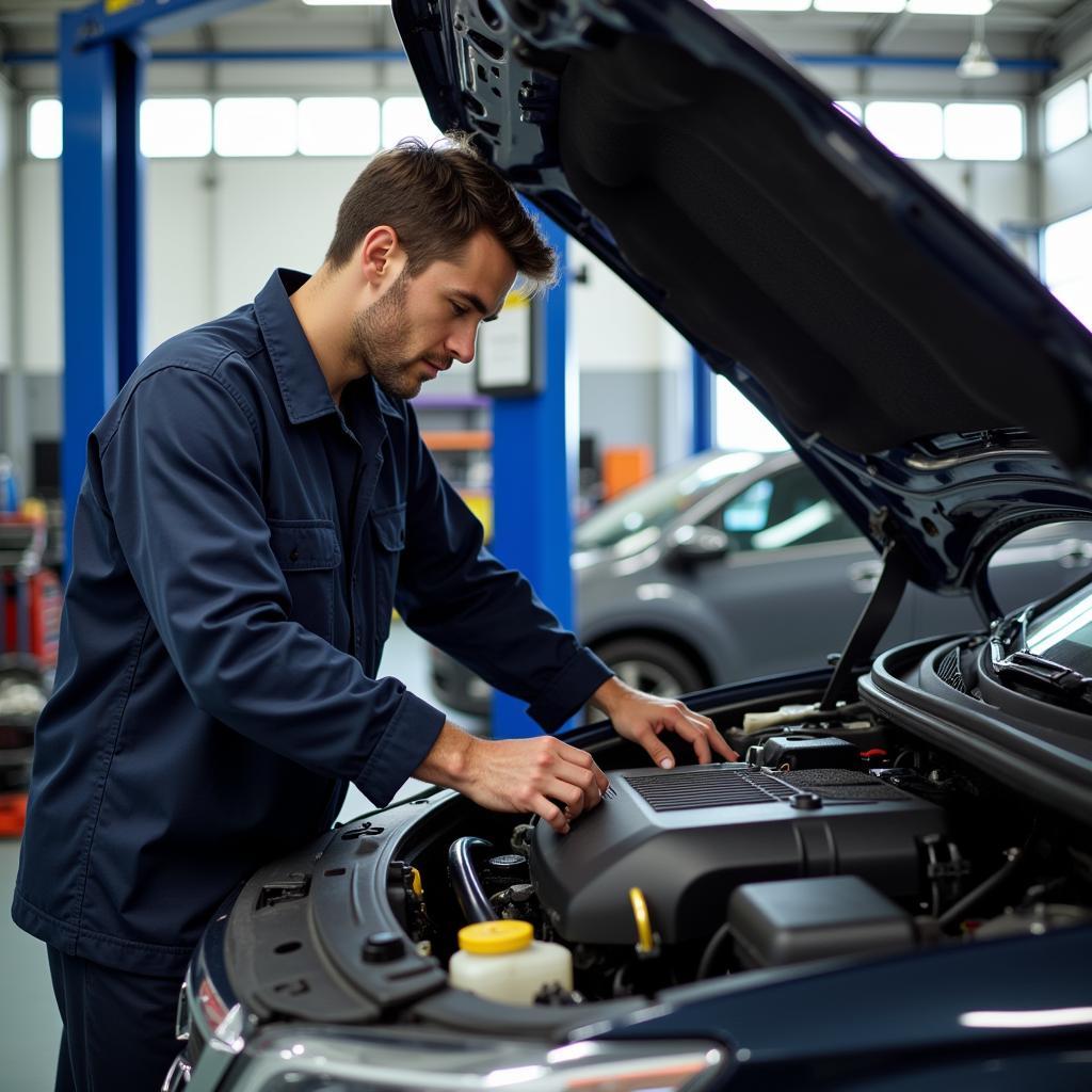 Auto service technician working on a car engine in a shop on Ogeechee Road.