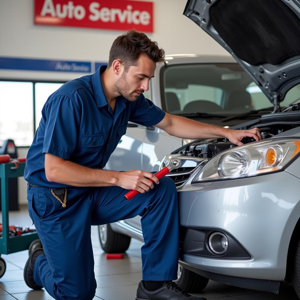 Mechanic working on a car in an Ohakune auto service centre