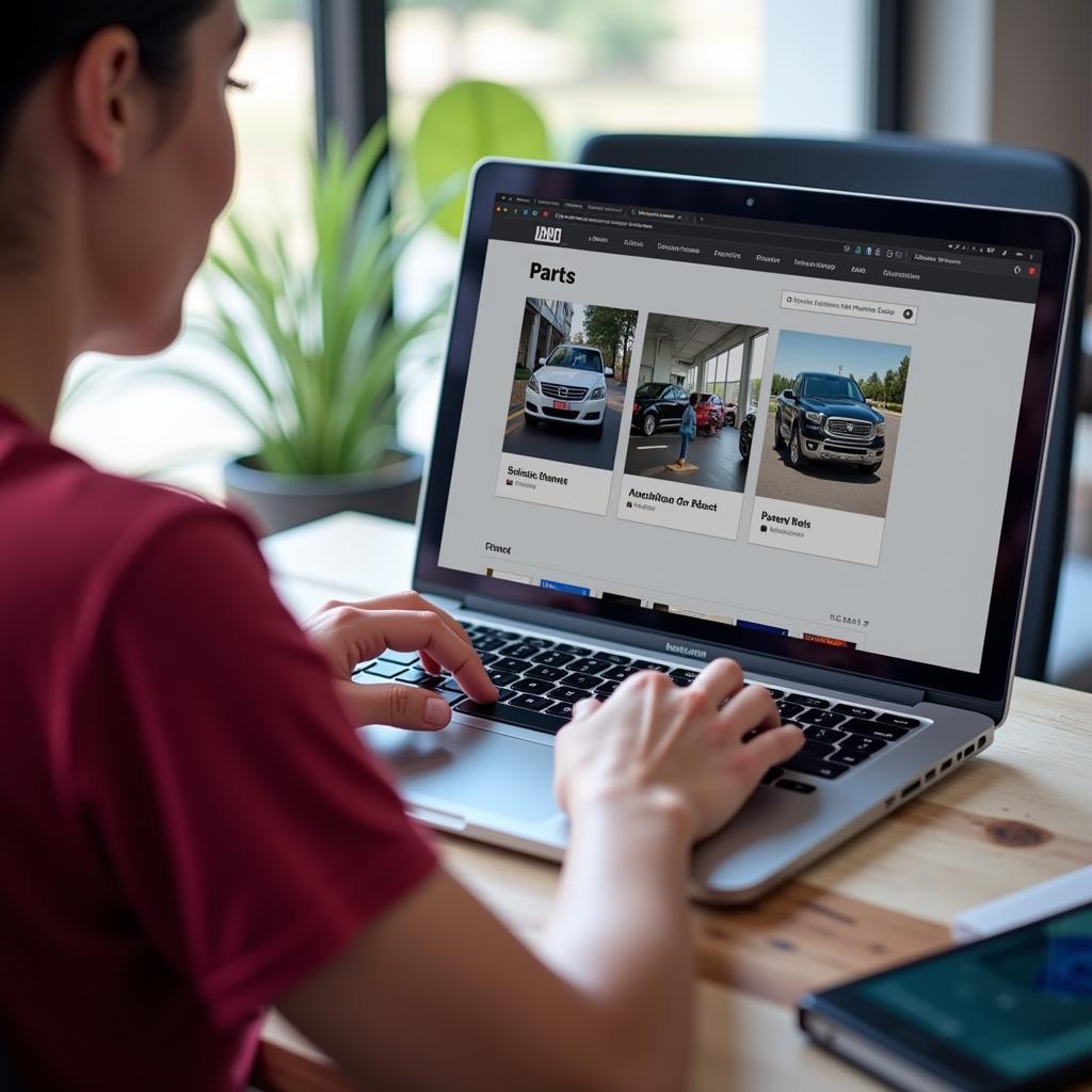 A person searching for auto parts on a laptop, with a map of Prattville in the background.