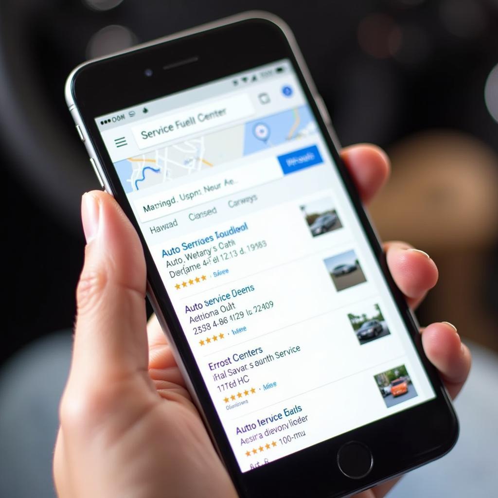 Person using a smartphone to search for "auto service open on Sunday near me"