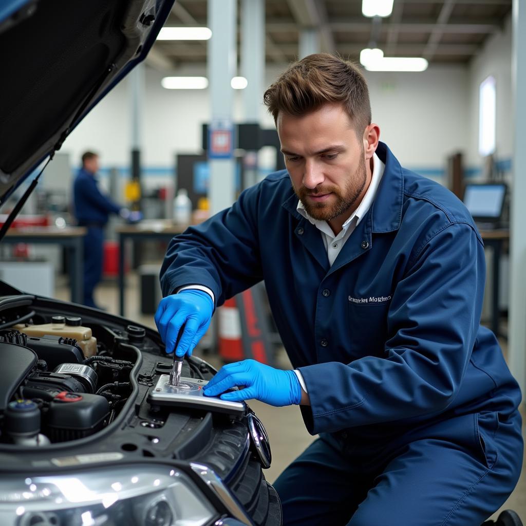 Mechanic working on a car in an Orchard Park auto service shop