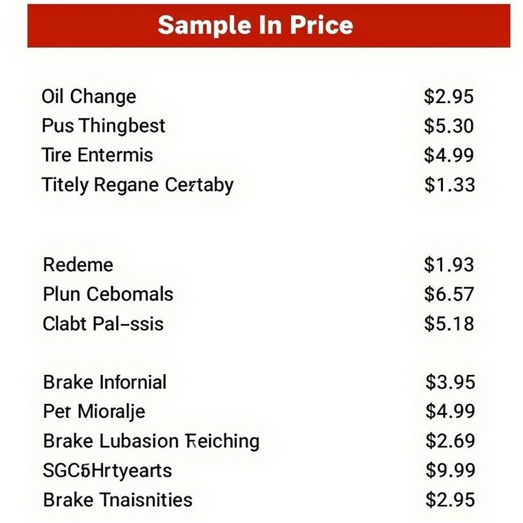 Owings Mills Auto Service Price List Example