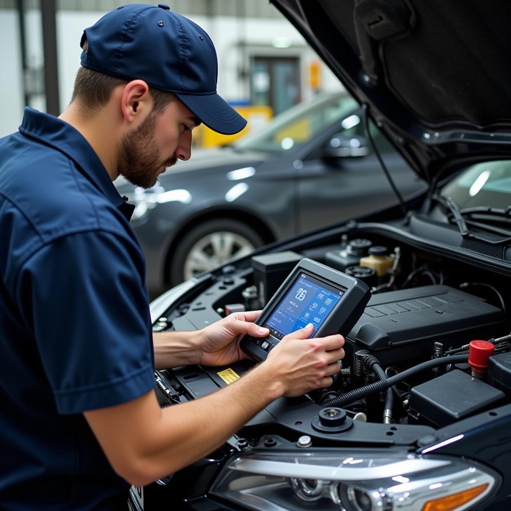 Experienced Paladin Auto Service Technician Performing Diagnostics on a Modern Vehicle