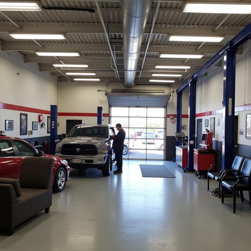 Modern and clean auto repair shop interior at Paul's Custom Exhaust.