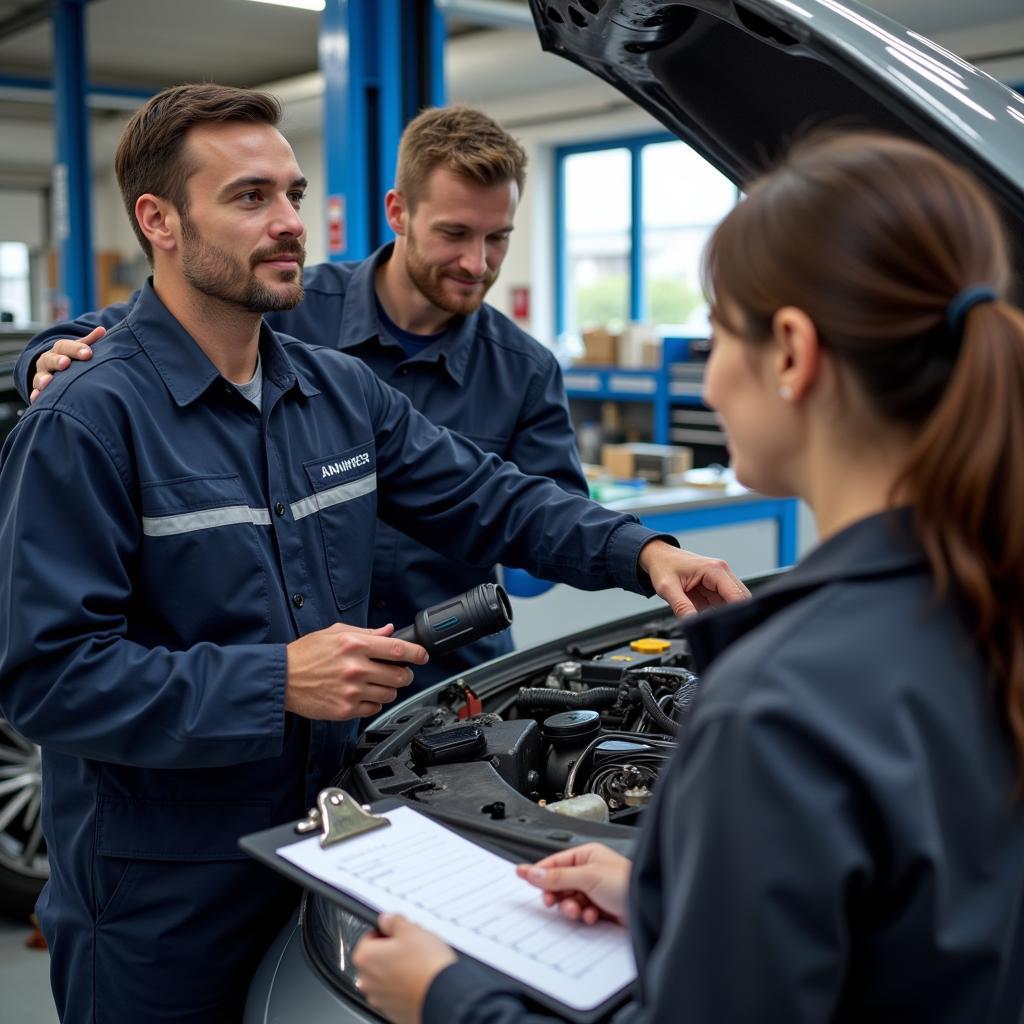 Mechanic Explaining Car Repairs at Penn's Auto Service