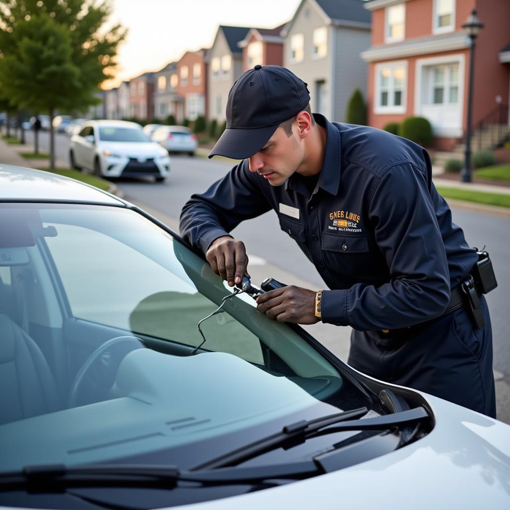 Technician repairing a windshield on-site in Philadelphia.