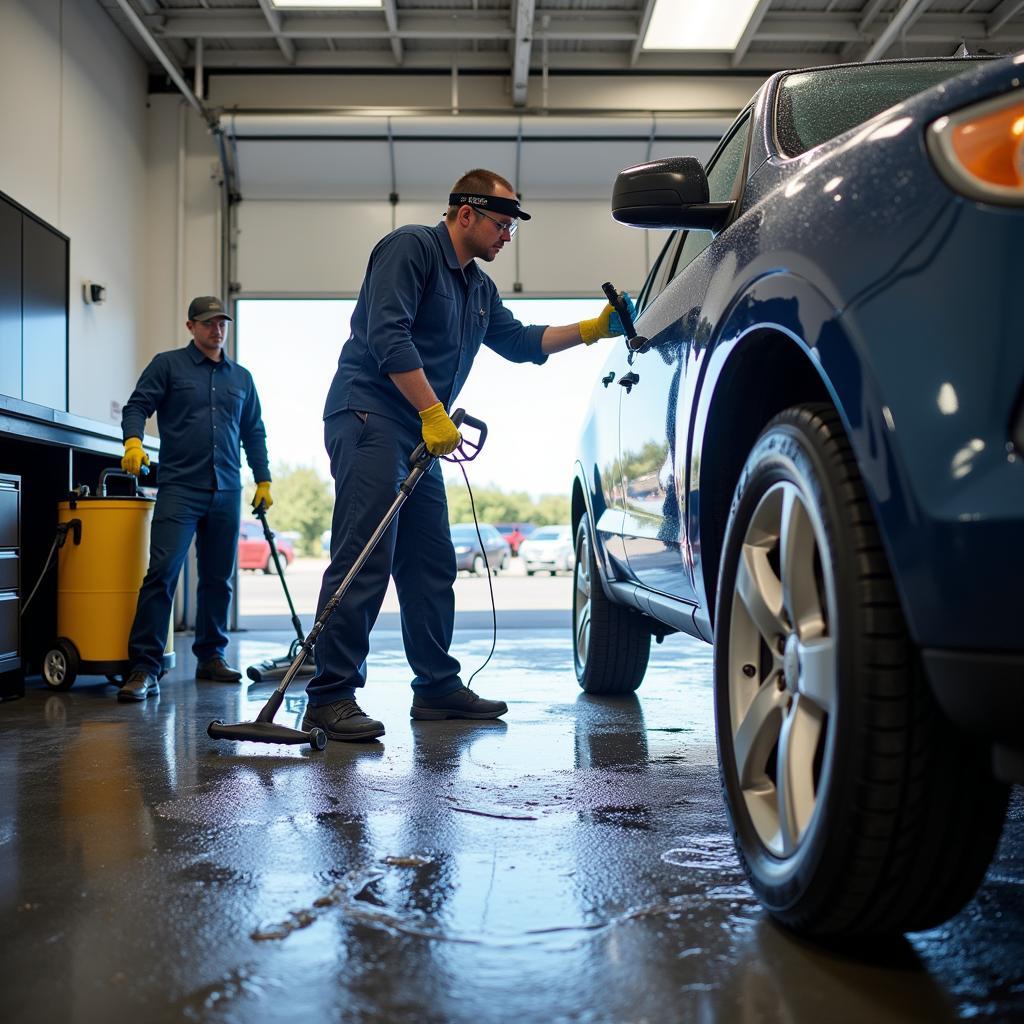 Cleaning crew diligently working in a Phoenix car dealership service bay