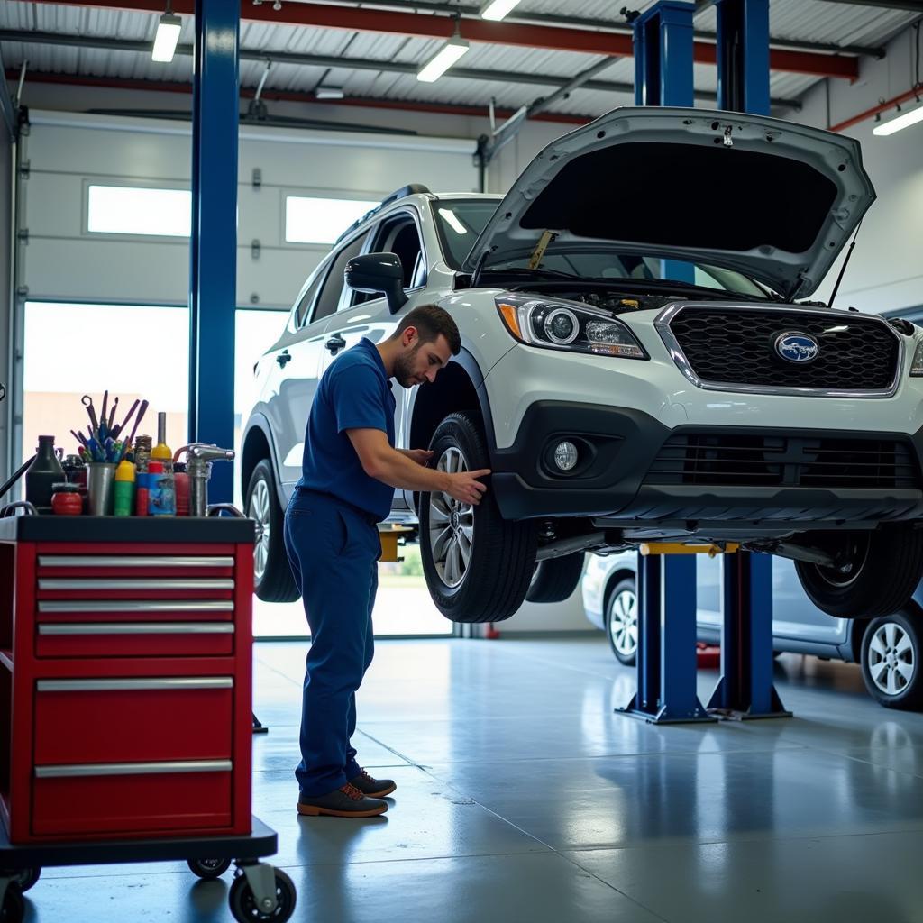 Car undergoing preventative maintenance at an auto service center in Pineville