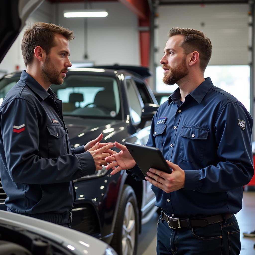 Customer Consulting with a Mechanic at a Portola Auto Repair Shop