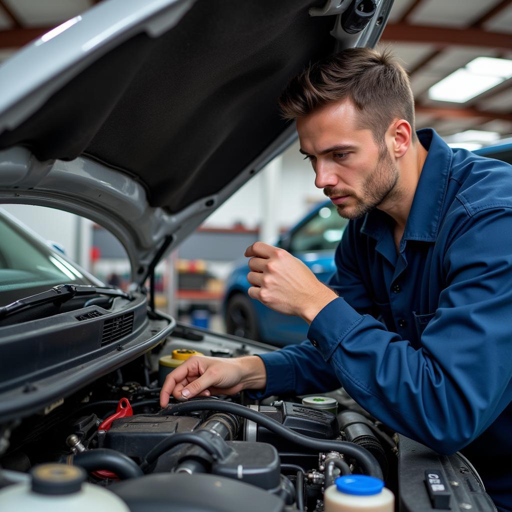 Pre-purchase car inspection in Nashua, NH showing a mechanic checking under the hood.