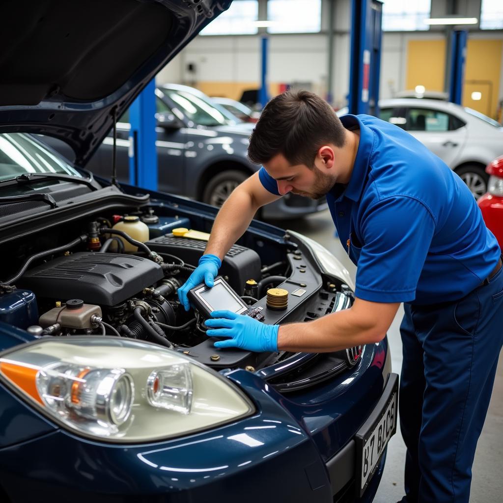 Mechanic performing preventative car maintenance