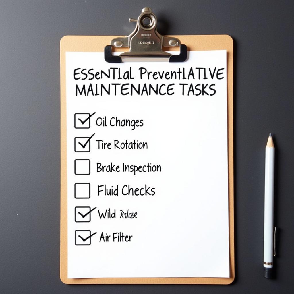 A checklist highlighting essential preventative maintenance tasks for vehicles, including oil changes, tire rotations, and fluid checks.