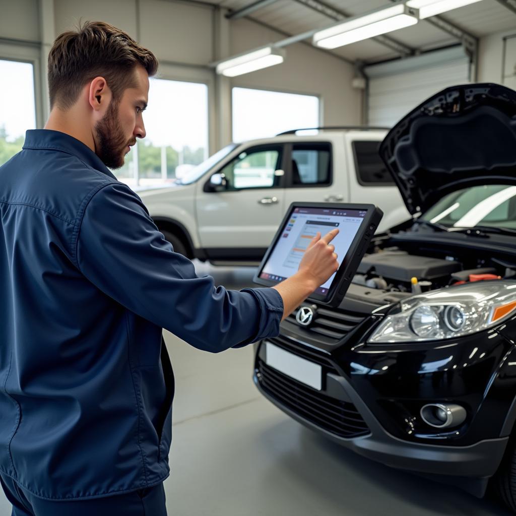 Professional Mechanic Working on a Car in a Modern Auto Service Center in Pensacola, Florida