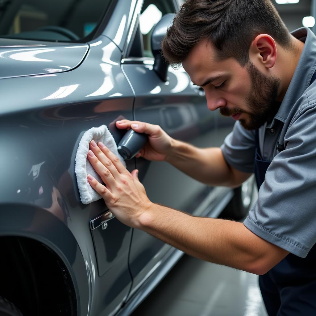 Professional auto detailer applying wax