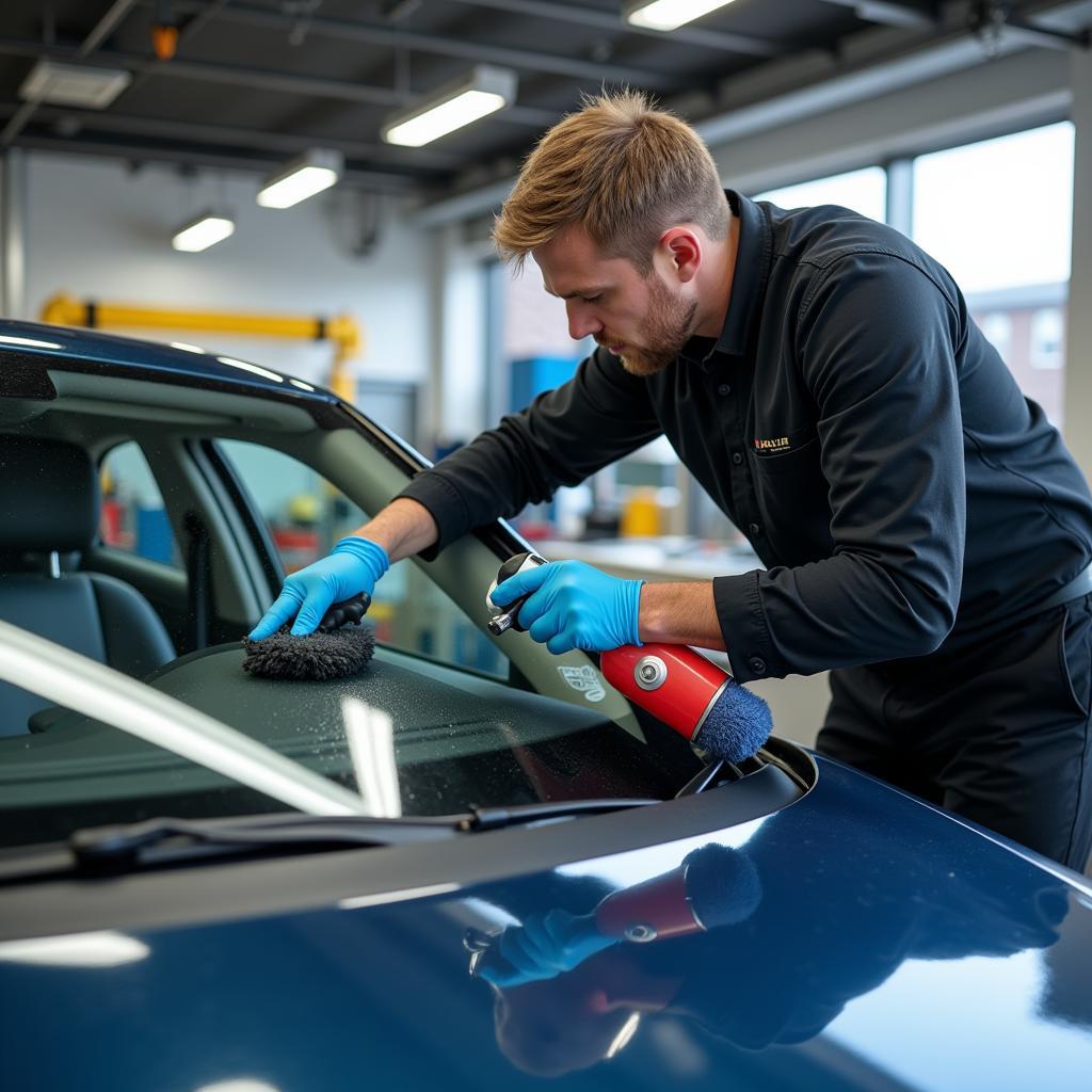 Professional Auto Glass Cleaning Service in Action