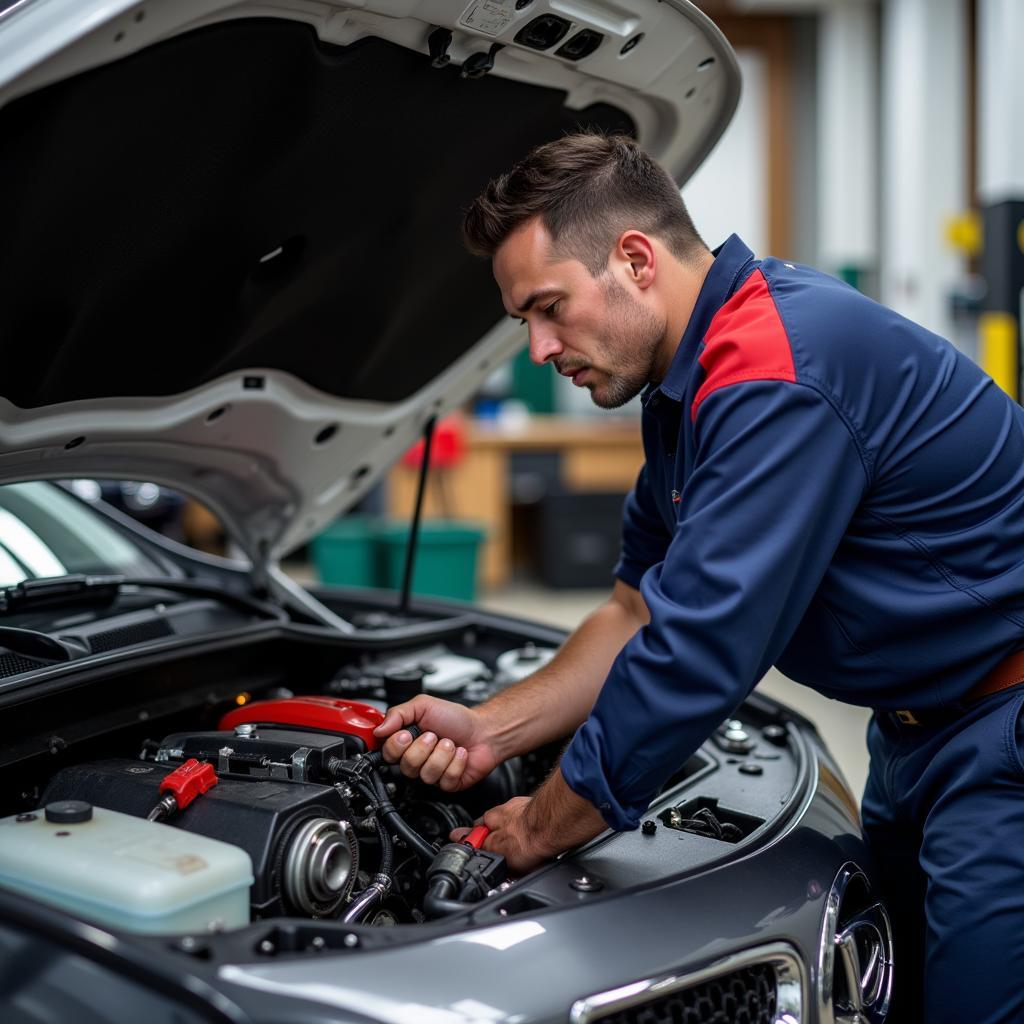 Professional Auto Mechanic Working on a Luxury Car