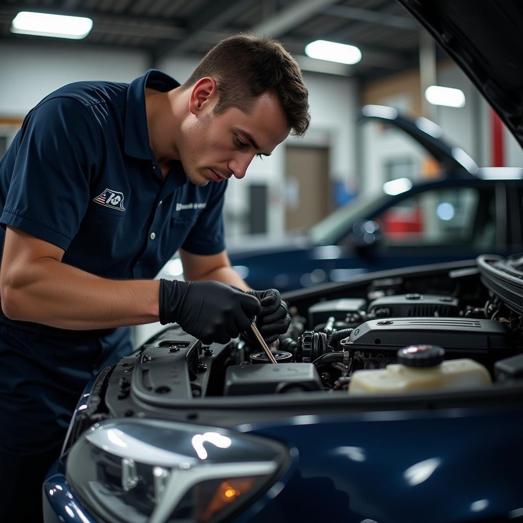 Professional auto repair technician working on a car engine