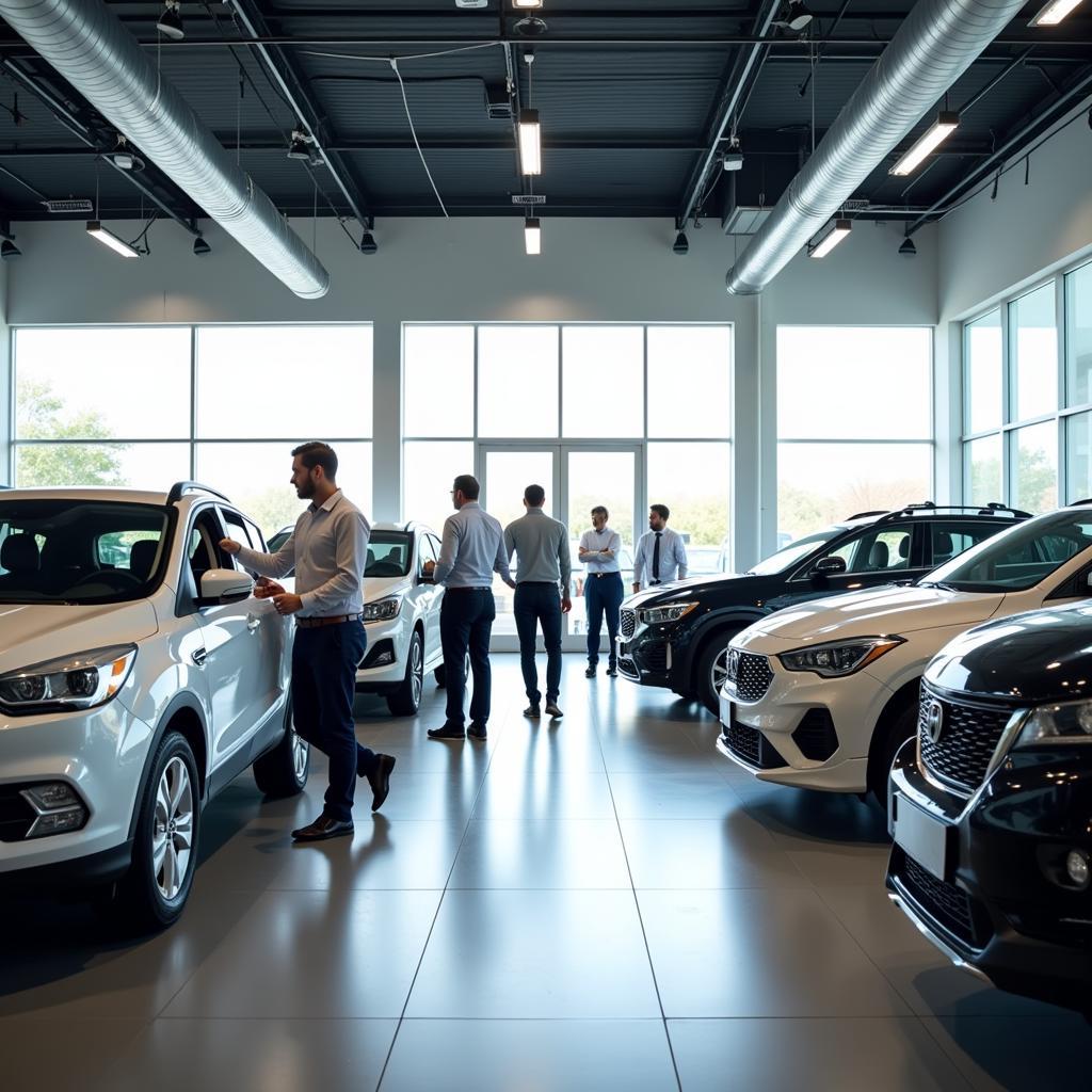 Modern auto showroom with various cars and professional sales staff