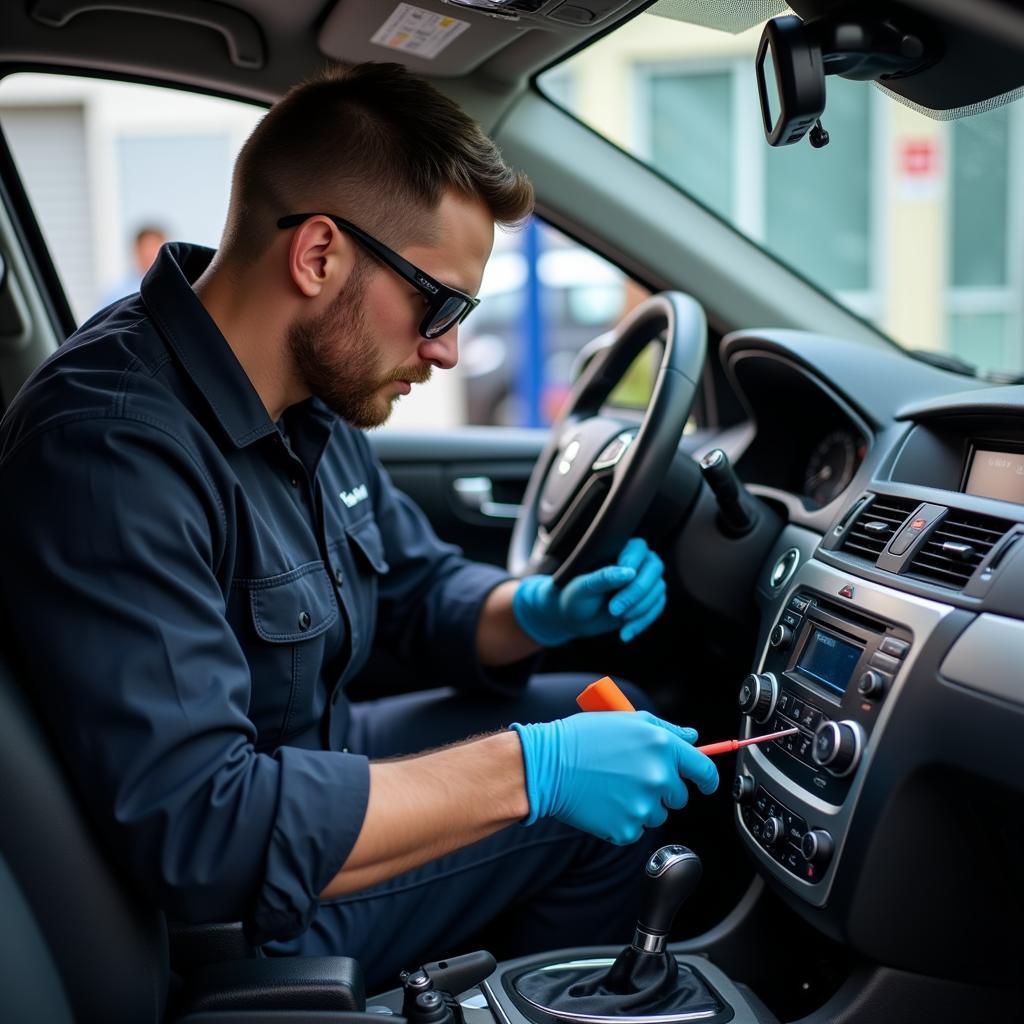 Professional Car Audio Technician at Work