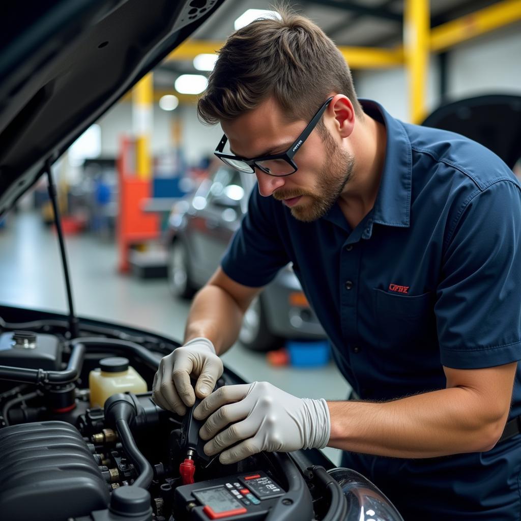 Mechanic performing auto pro service and repair on a car engine