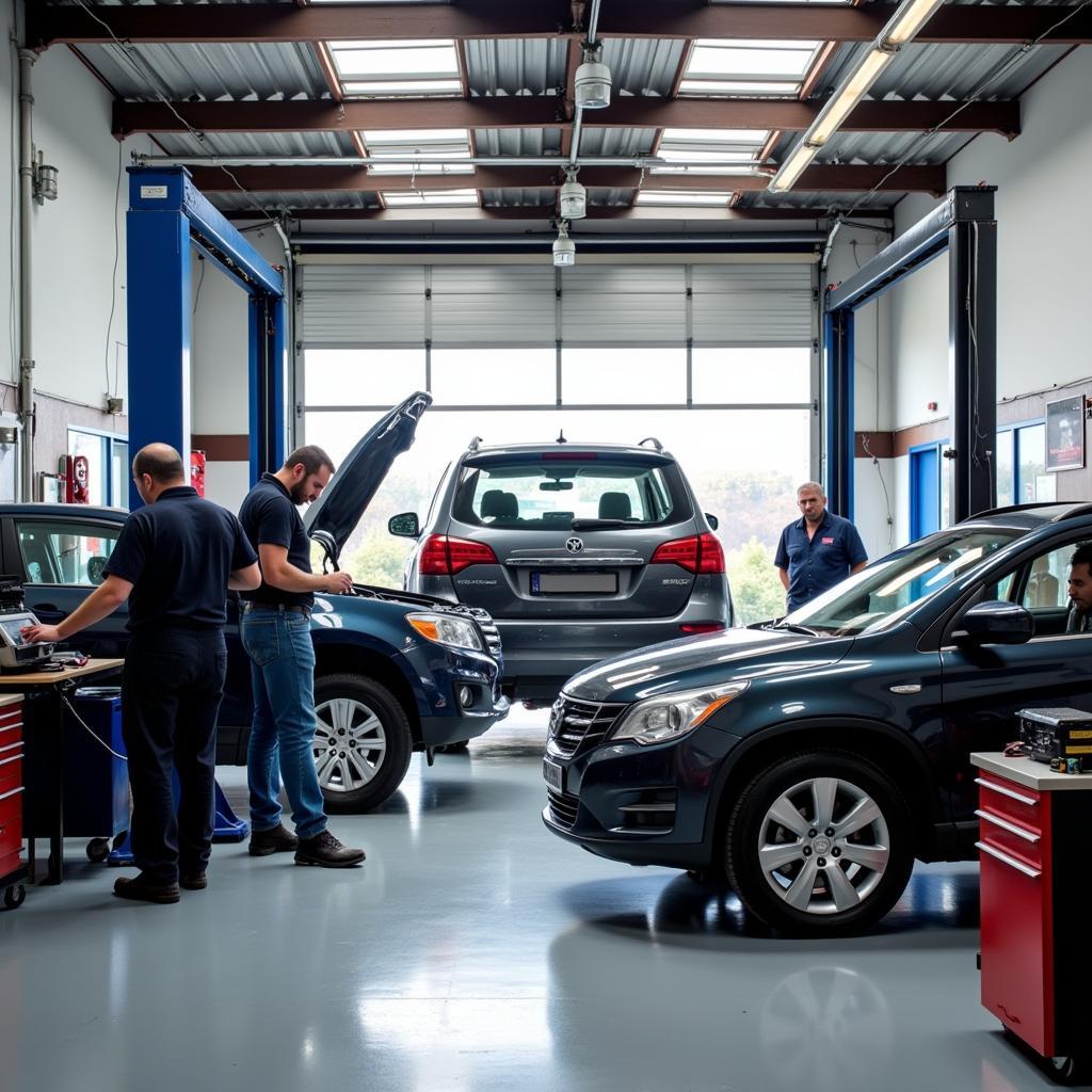 Modern and clean Puzzuoli auto service center interior with mechanics working on a vehicle