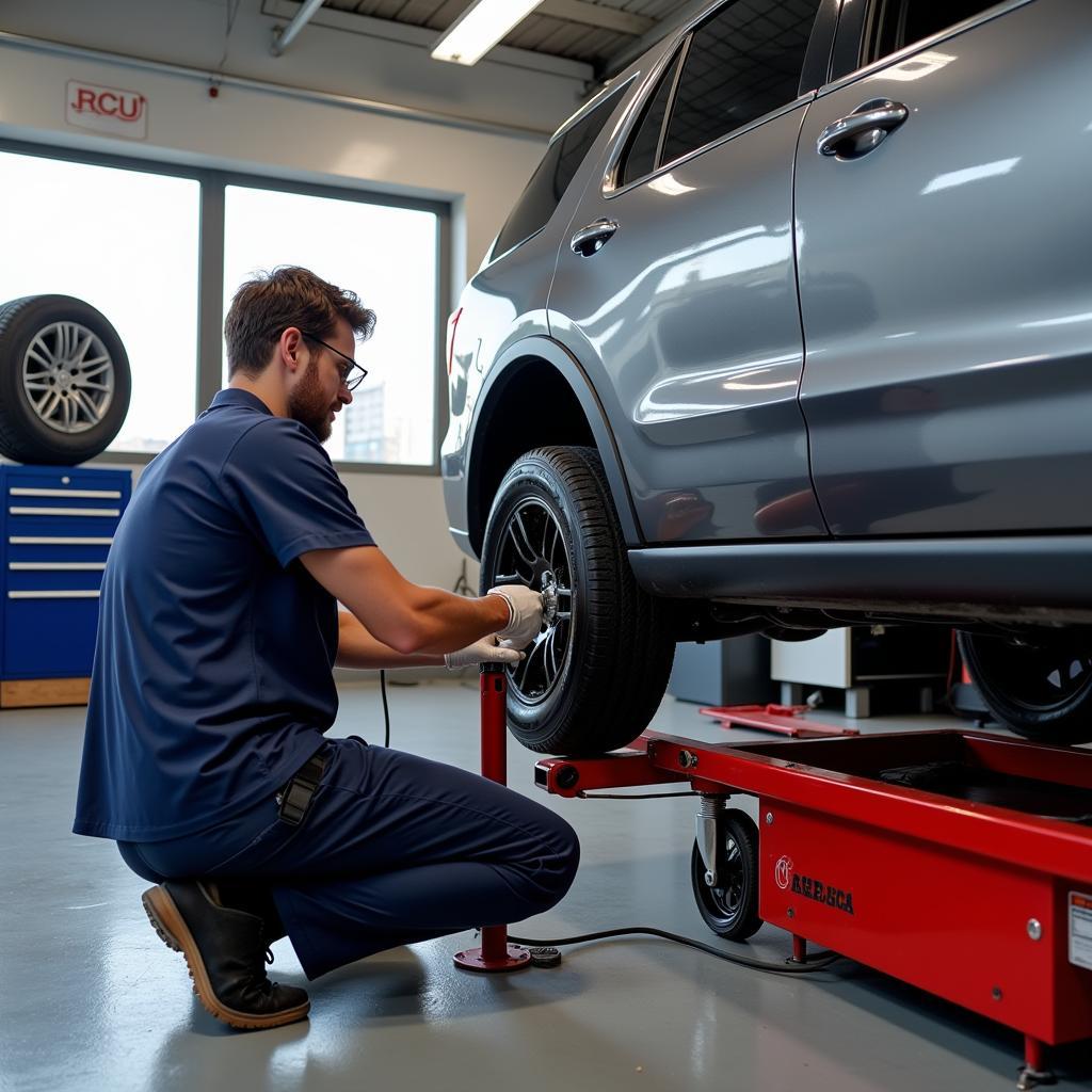 Technician Performing Tire Rotation in an RCU Auto Service Bay