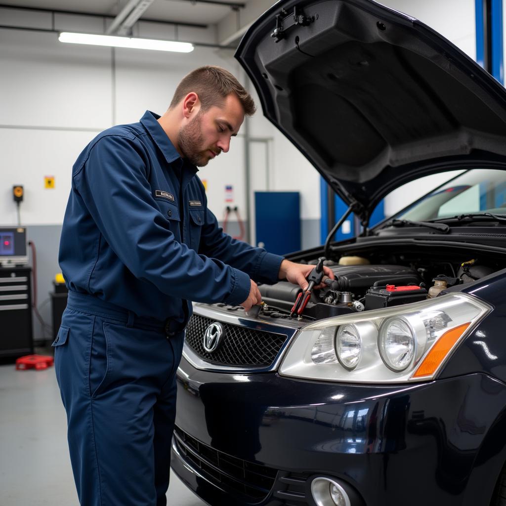 Mechanic working on a car in a Red Springs, NC auto service center