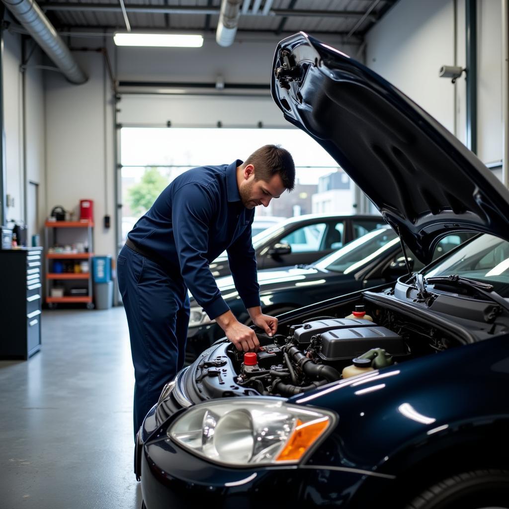 Mechanic Performing Preventive Maintenance on a Car in a Redmond Way Auto Service Center