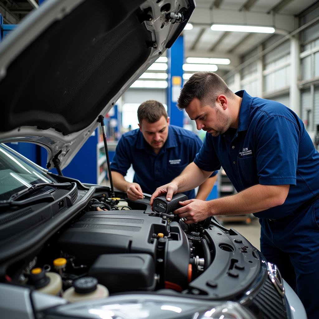 Certified Technicians Working on a Car Engine