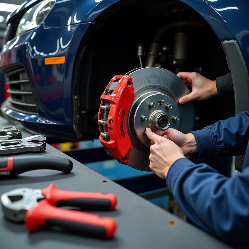 Technician repairing brakes in a Richmond auto service bay