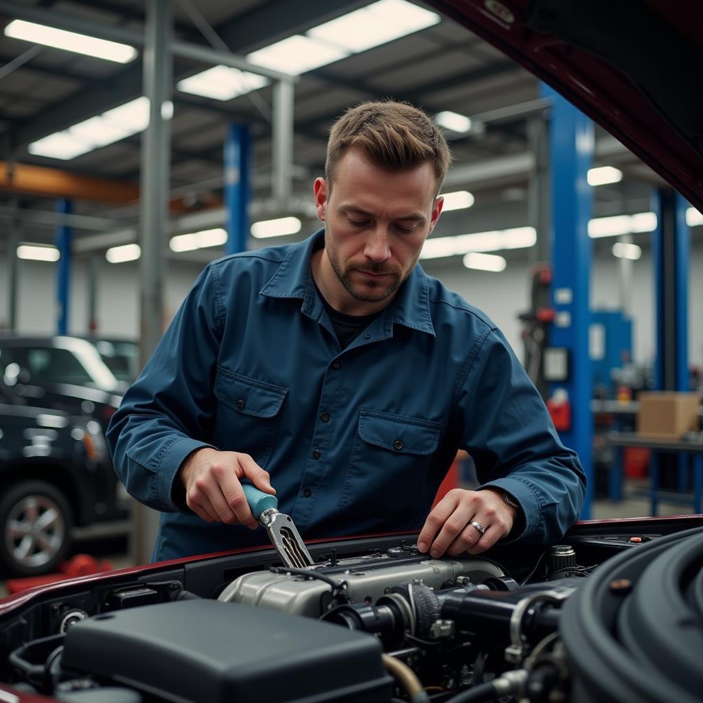 Rick's Auto Service Mechanic Working on Car