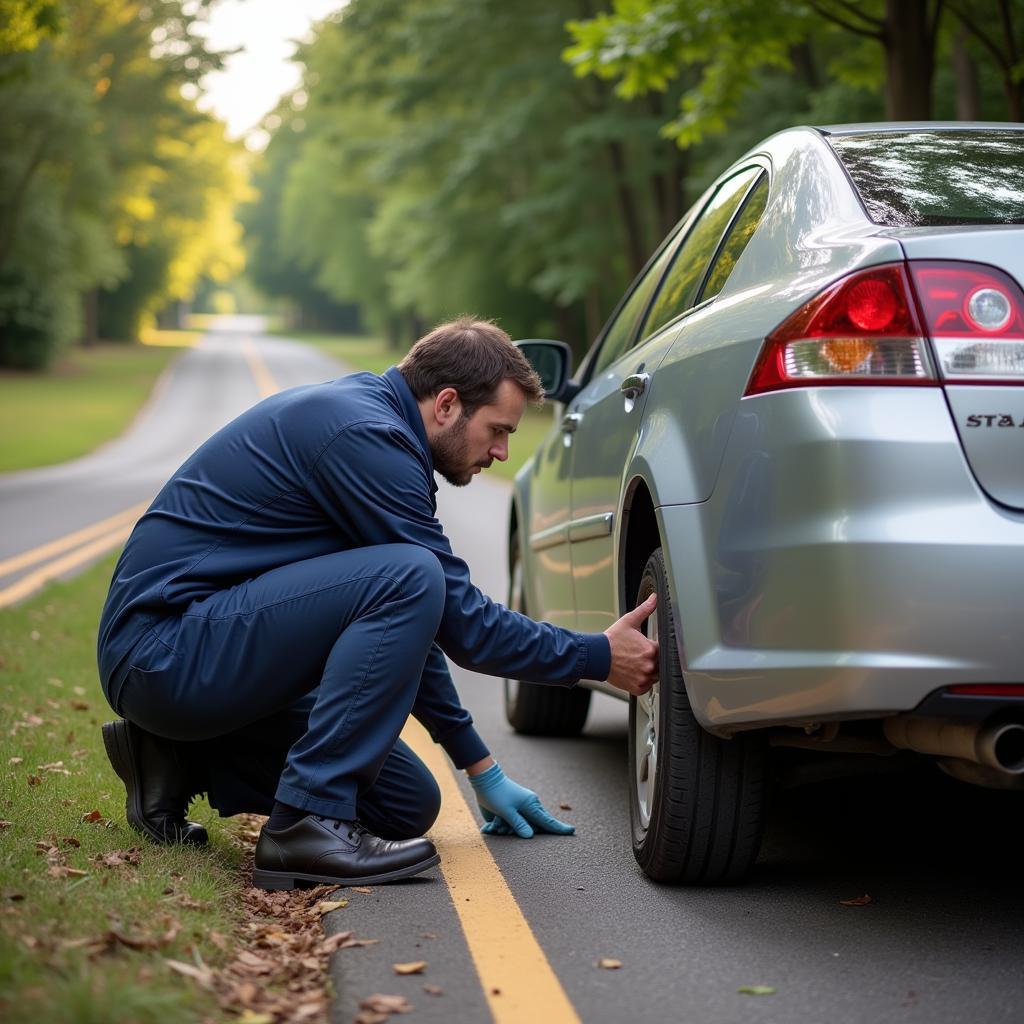 Roadside assistance technician changing a flat tire on a car in Griffin, GA