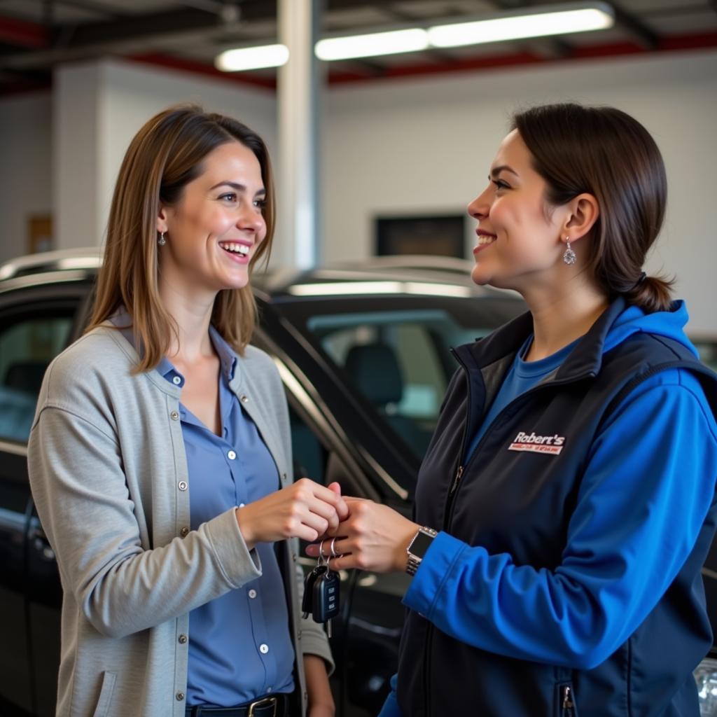 Satisfied Customer Receiving Car Keys at Roberto's Auto Service