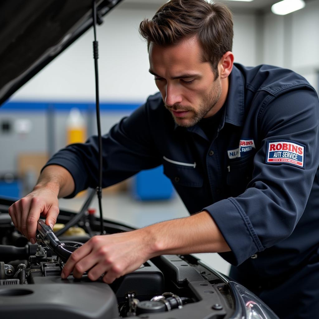 Experienced Technician Working on a Car Engine at Robins Auto Service